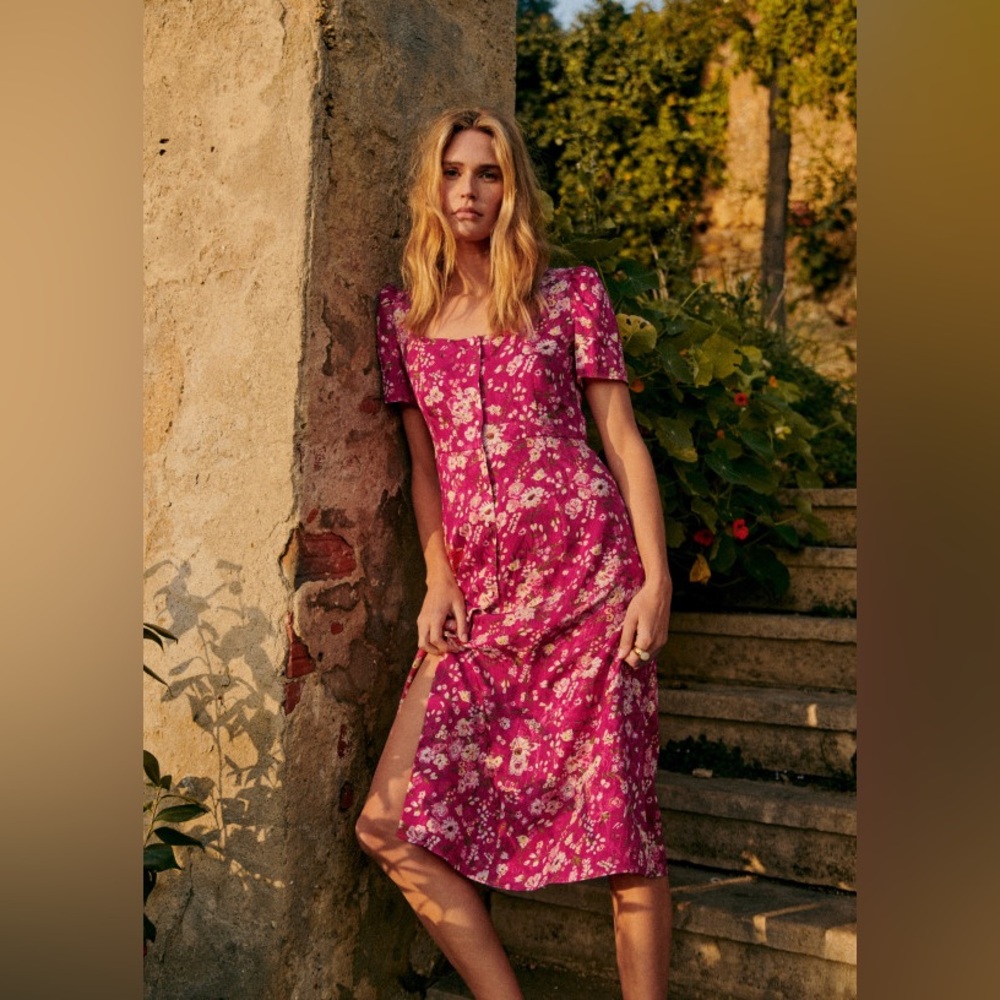 Sézane Victoria Midi Summer Dress in Pink Floral – FR 34 / US 2 / XS